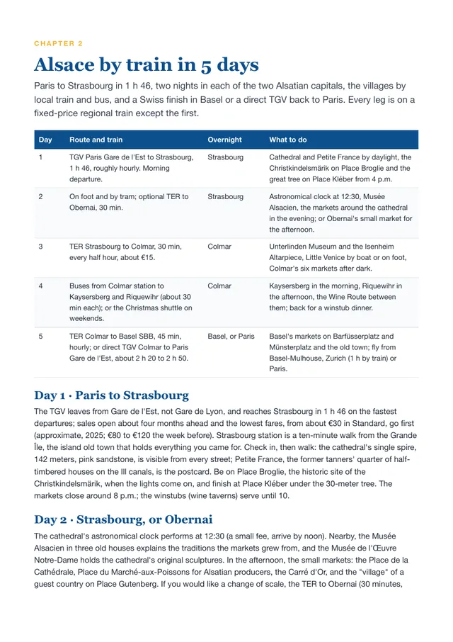 Page from Christmas Markets 2026: France, Germany & Switzerland planner: Alsace by train in 5 days