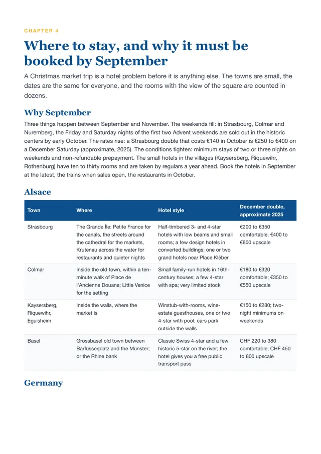 Page from Christmas Markets 2026: France, Germany & Switzerland planner: Where to stay, and when to book