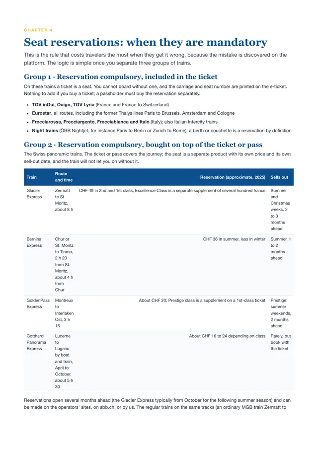 Page from Europe by Train: the American traveler’s guide: Seat reservations explained